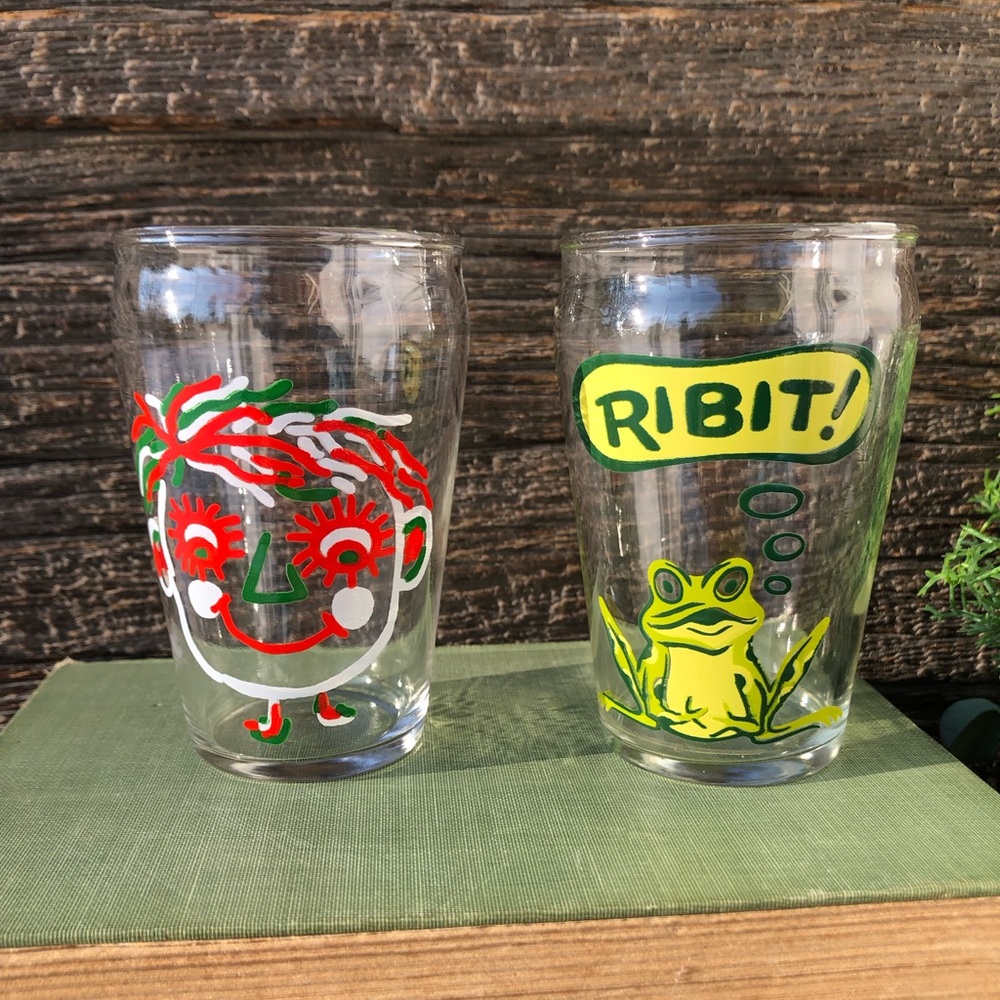 💚Small Vintage Juice glasses Water glass 60s 70s Rare cup with Frog and Face ❤️
